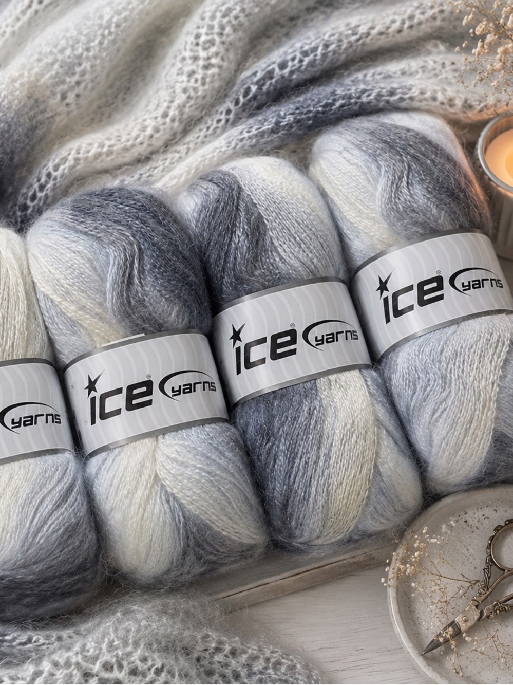 Ice Yarns Ombre Mohair Blend Skeins - Gray, White, Silver
